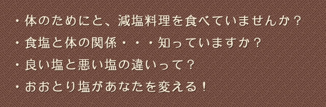 体にためにと、減塩料理を食べていませんか？/食塩と体の関係・・・知っていますか？/良い塩と悪い塩の違いって？/おおとり塩があなたを変える！